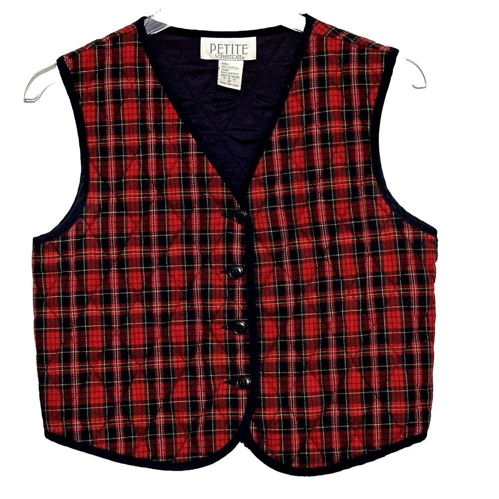 VTG 90s Schoolgirl Classic Preppy Vest Petite P Red Tartan Plaid Grandpa Cabin